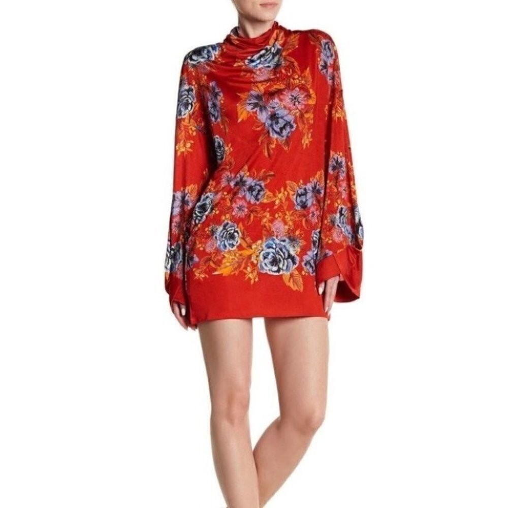 NWT Free People Dress Floral Print Red Orange Mini Cocktail Long Sleeve